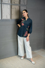 Blue Floral Embroidered Top