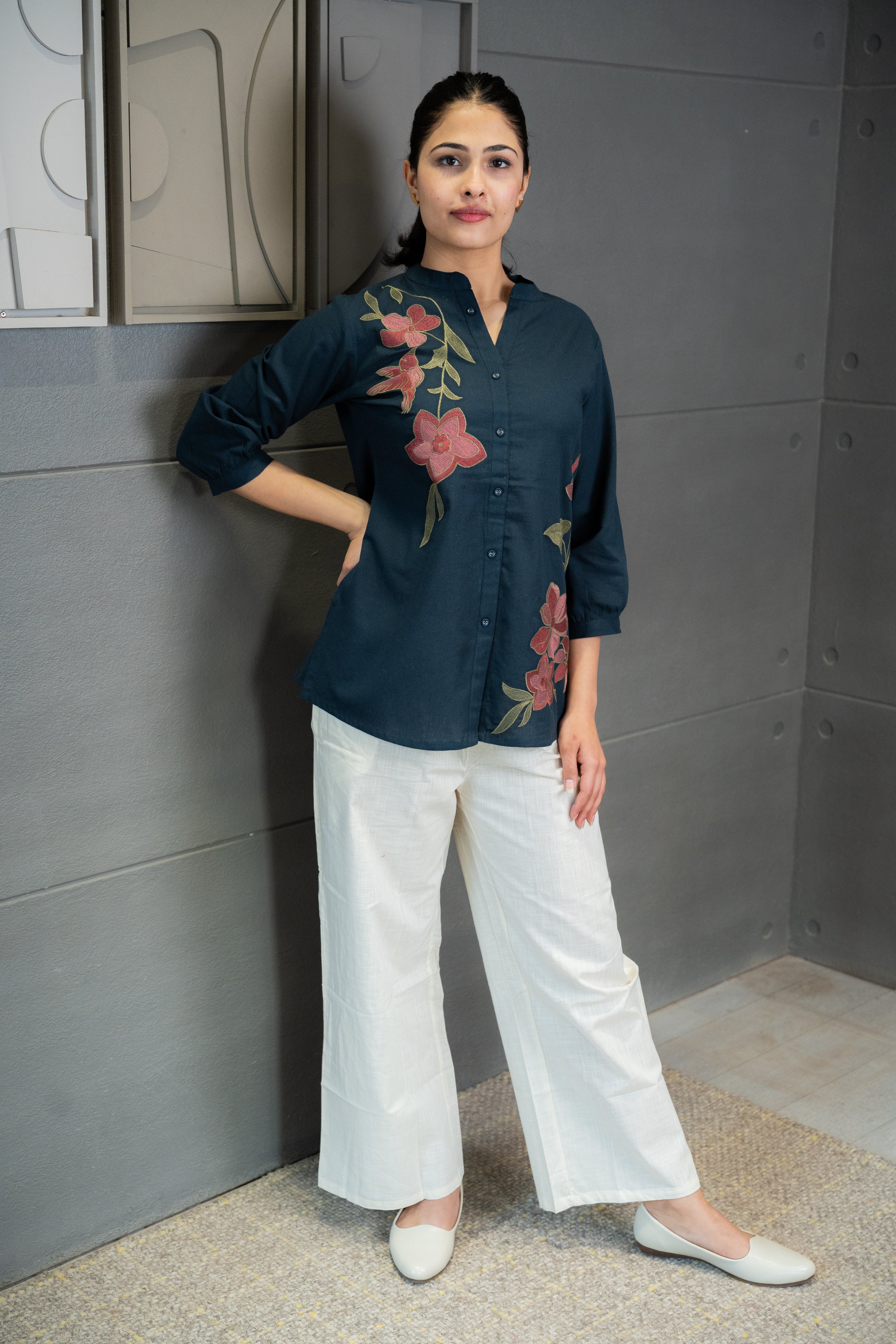 Blue Floral Embroidered Top