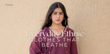 Woman wearing a purple traditional outfit with text overlay on a beige background