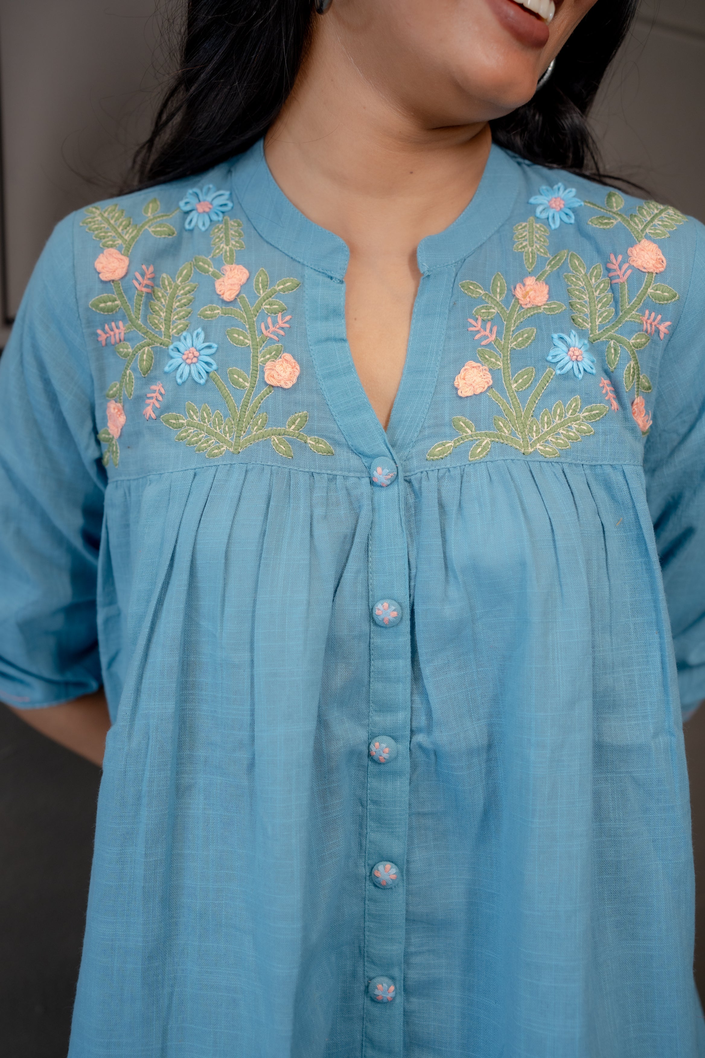 Blue Cotton Co-Ord Set with Button-Down Kurta and Pants