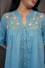 Blue Cotton Co-Ord Set with Button-Down Kurta and Pants