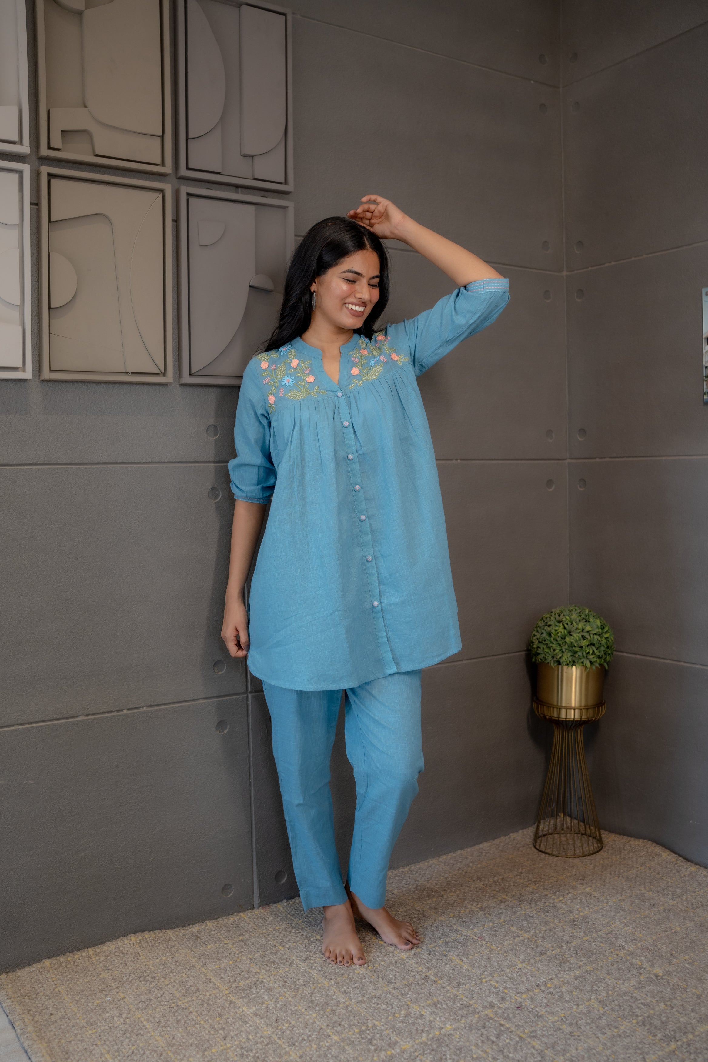 Stylish Blue Cotton Co-Ord Set with Front Buttons – Tanauri