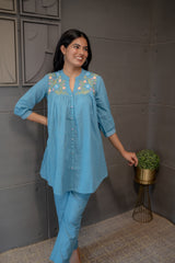Gathered Yoke Blue Co-Ord Set – A-Line Cotton Kurta