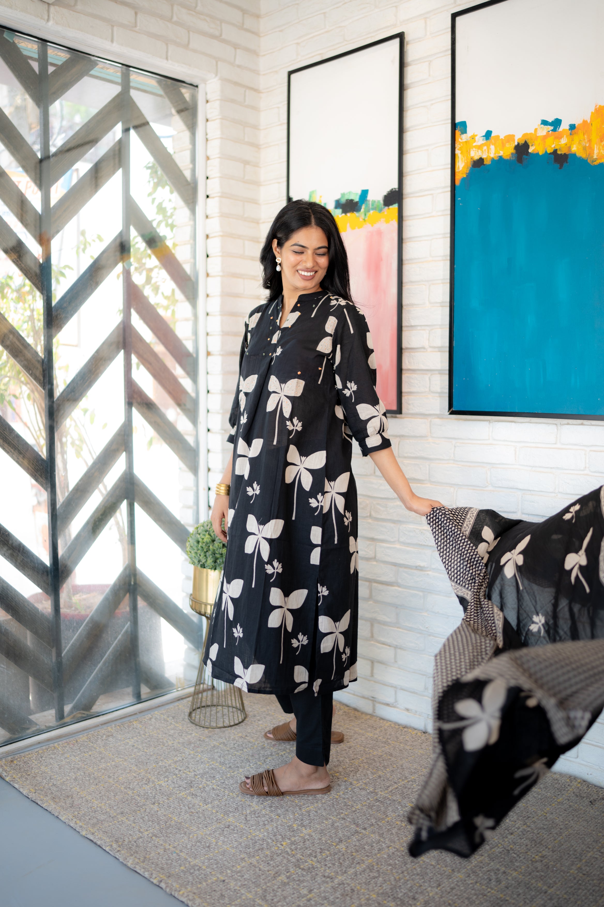 Ethnic Floral Printed Black Cotton Kurta Set for Women