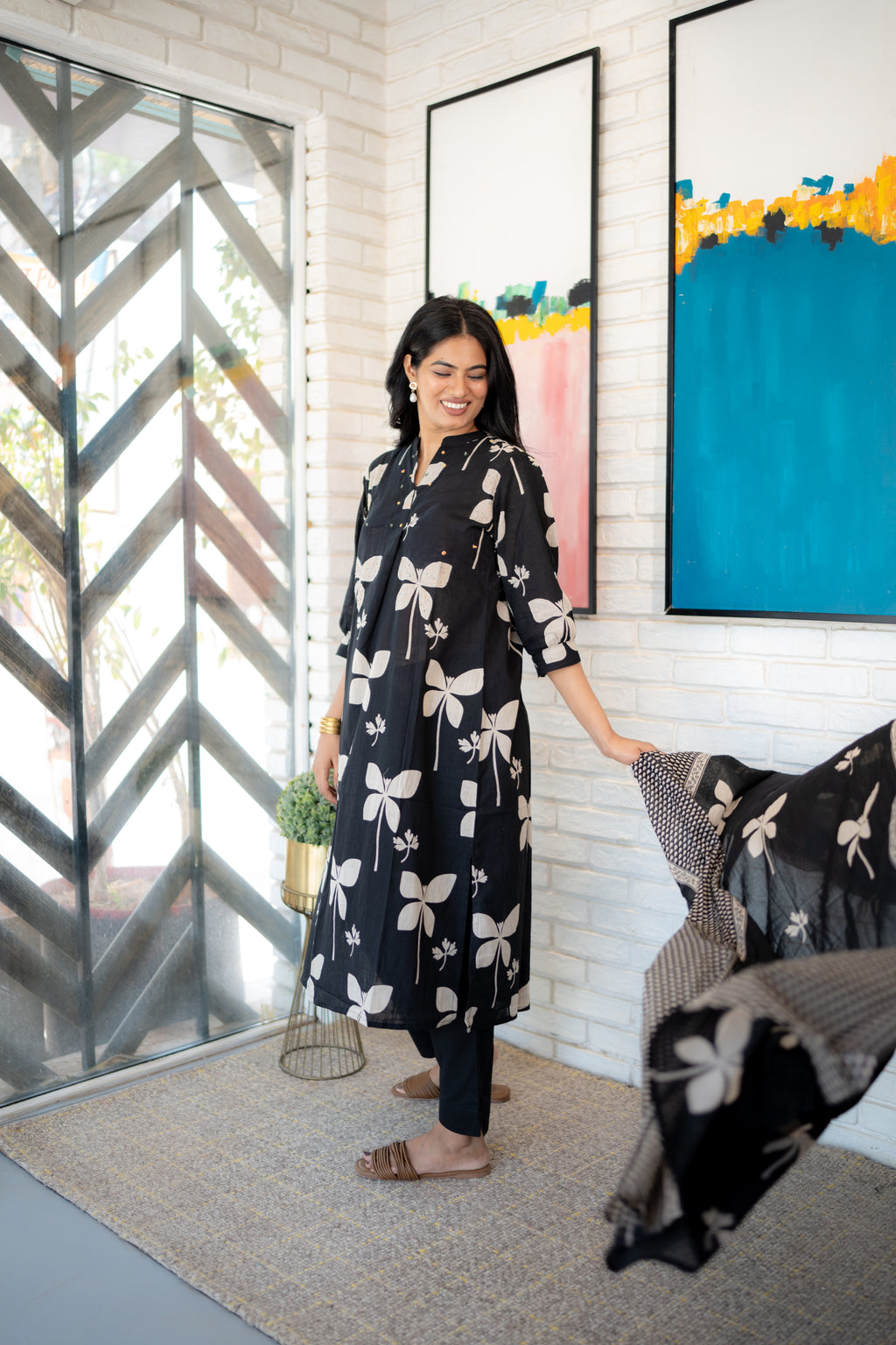 Ethnic Floral Printed Black Cotton Kurta Set for Women