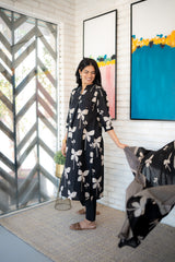 Ethnic Floral Printed Black Cotton Kurta Set for Women