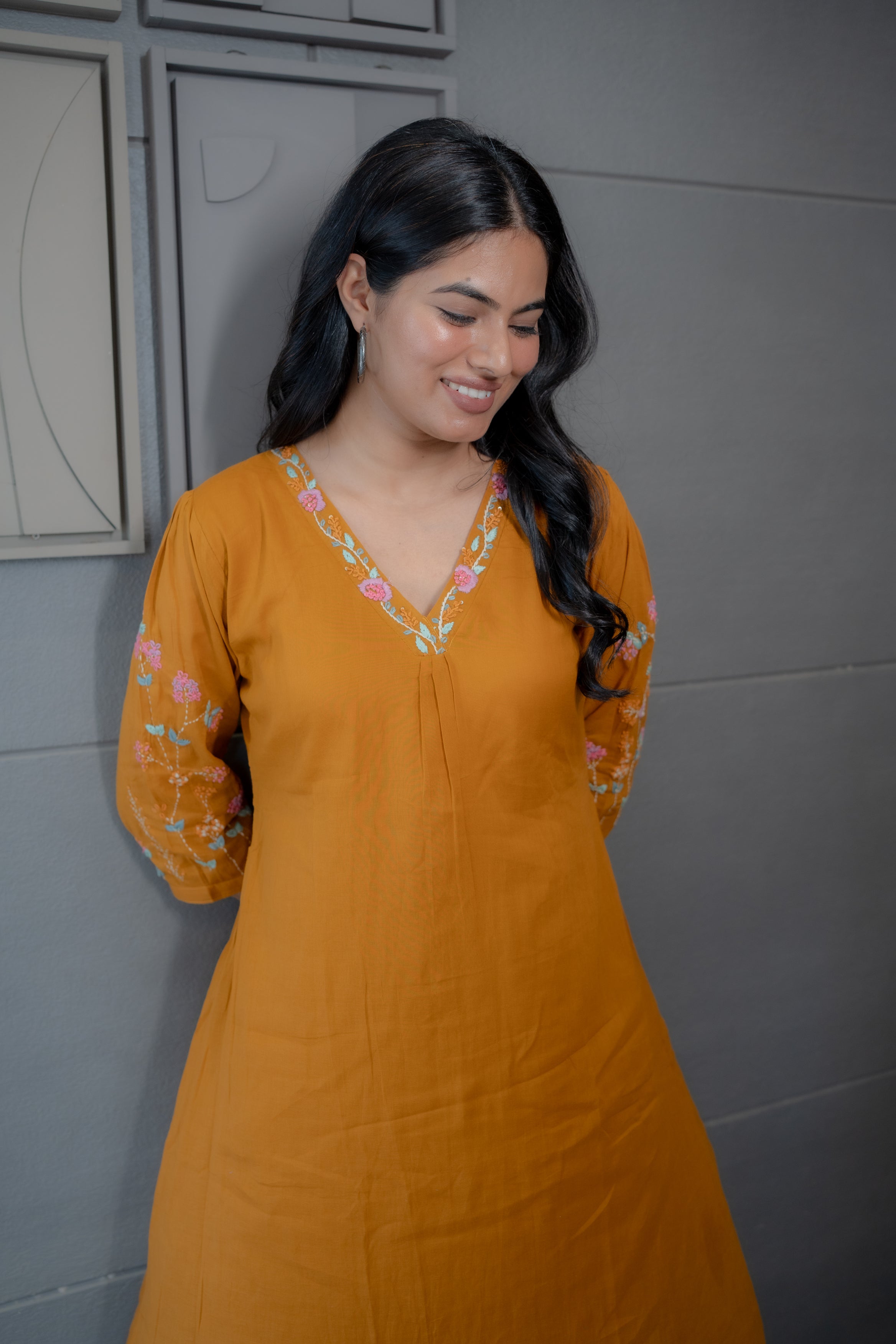 Soft Mul Cotton Embroidered Kurta Set in Yellow – Tanauri