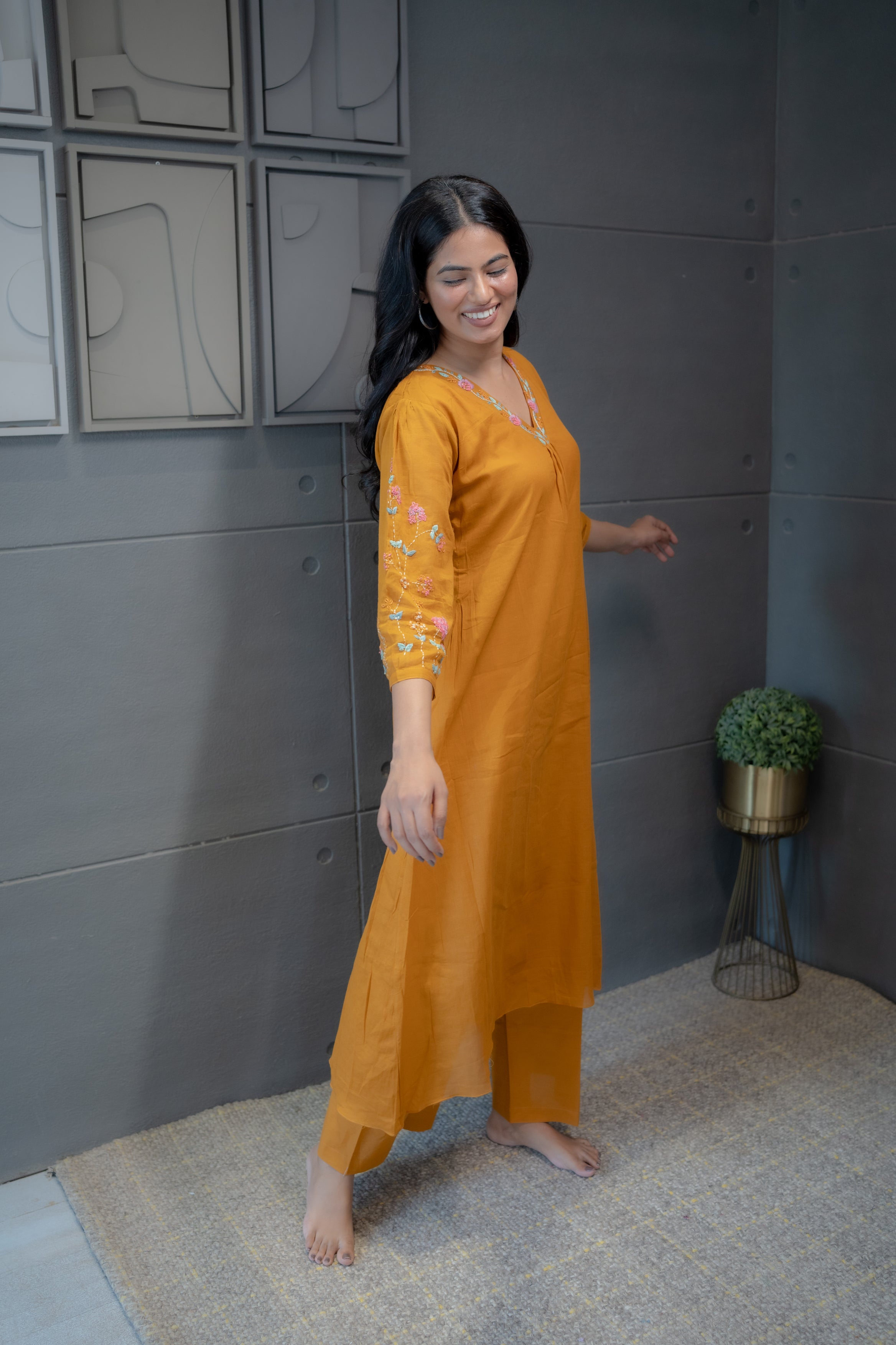 Yellow Summer Cotton Kurta Set – Floral Embroidery by Tanauri