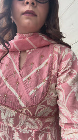 White Floral Print Anarkali Kurta with Embroidered Yoke and Dupatta